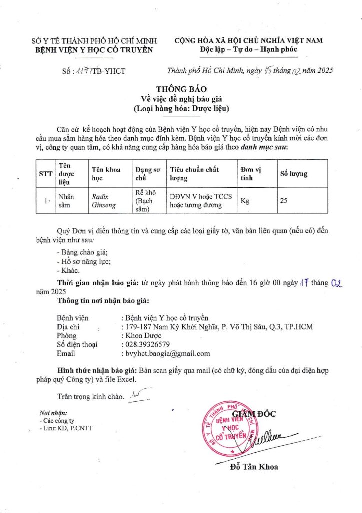 117 TB YHCT Ngay 05 02 2025 Thong bao de nghi bao gia Nhan sam pdf