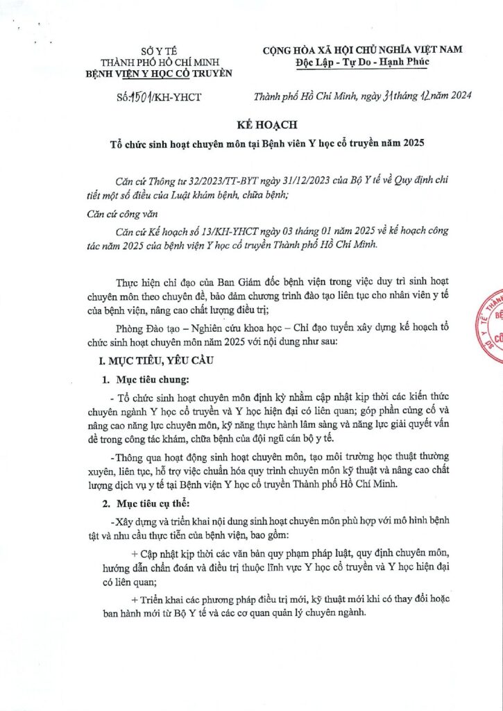 Ke hoach To chuc sinh hoat chuyen mon tai BV 2025 1501 KH YHCT pdf